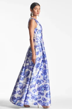 Brooke Gown - Azure Watercolor Floral -Sachin & Babi Shop BROOKEGOWN AZUREWATERCOLORFLORAL SIDE scaled